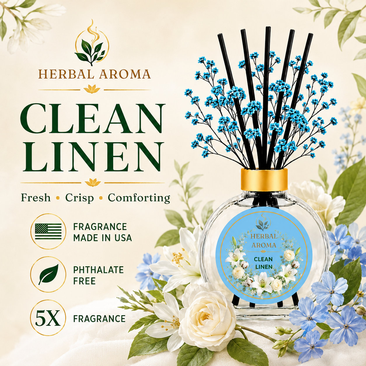 Herbal Aroma Clean Linen Home Fragrance Set, 3-Piece Reed Diffuser with 200 mL Refill and 200 mL Room Spray, 100 mL Diffuser