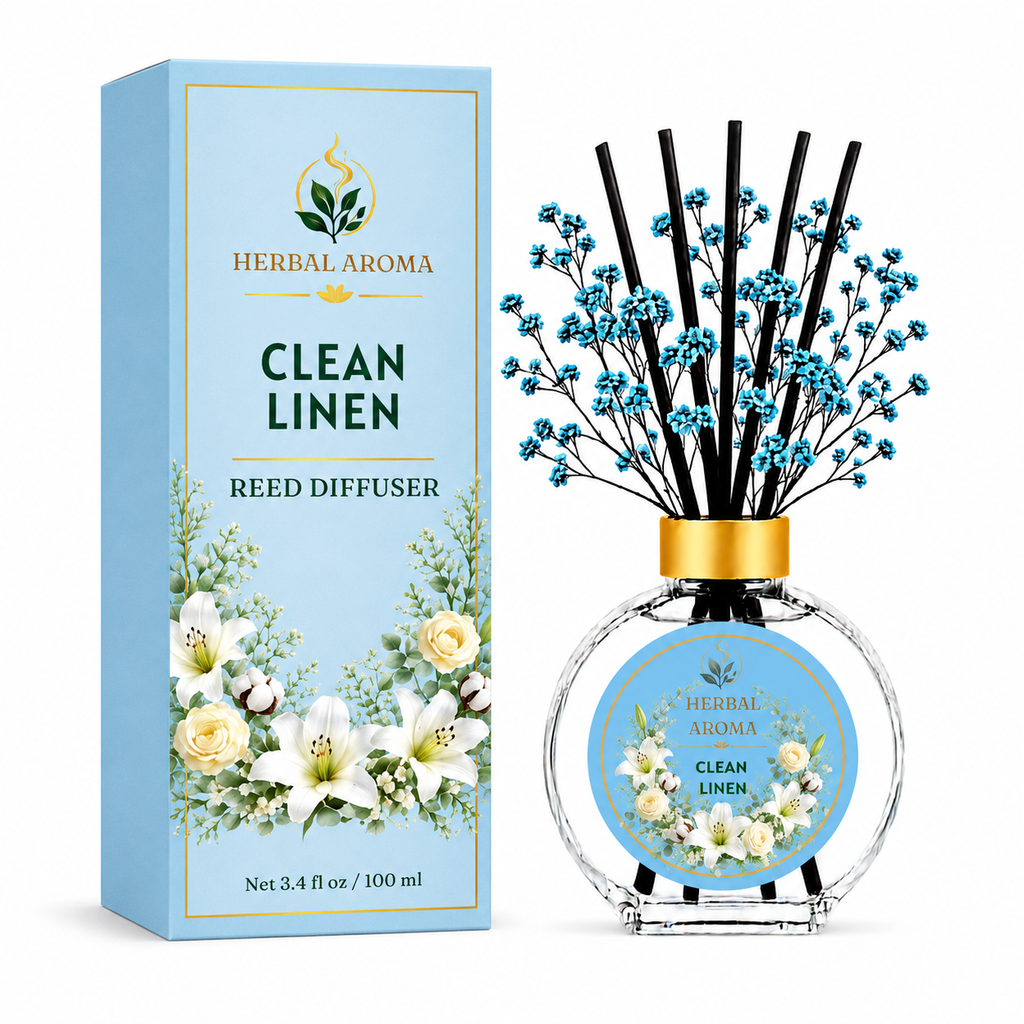 Herbal Aroma Clean Linen Home Fragrance Set, 3-Piece Reed Diffuser with 200 mL Refill and 200 mL Room Spray, 100 mL Diffuser