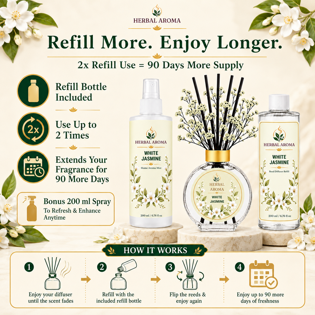 Herbal Aroma White Jasmine Home Fragrance Set, 3-Piece Reed Diffuser with 200 mL Refill and 200 mL Room Spray, 100 mL Diffuser