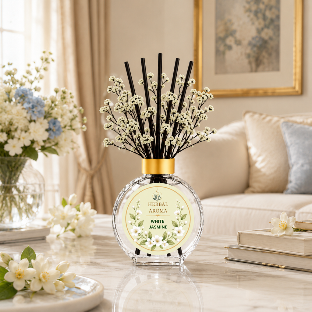Herbal Aroma White Jasmine Home Fragrance Set, 3-Piece Reed Diffuser with 200 mL Refill and 200 mL Room Spray, 100 mL Diffuser