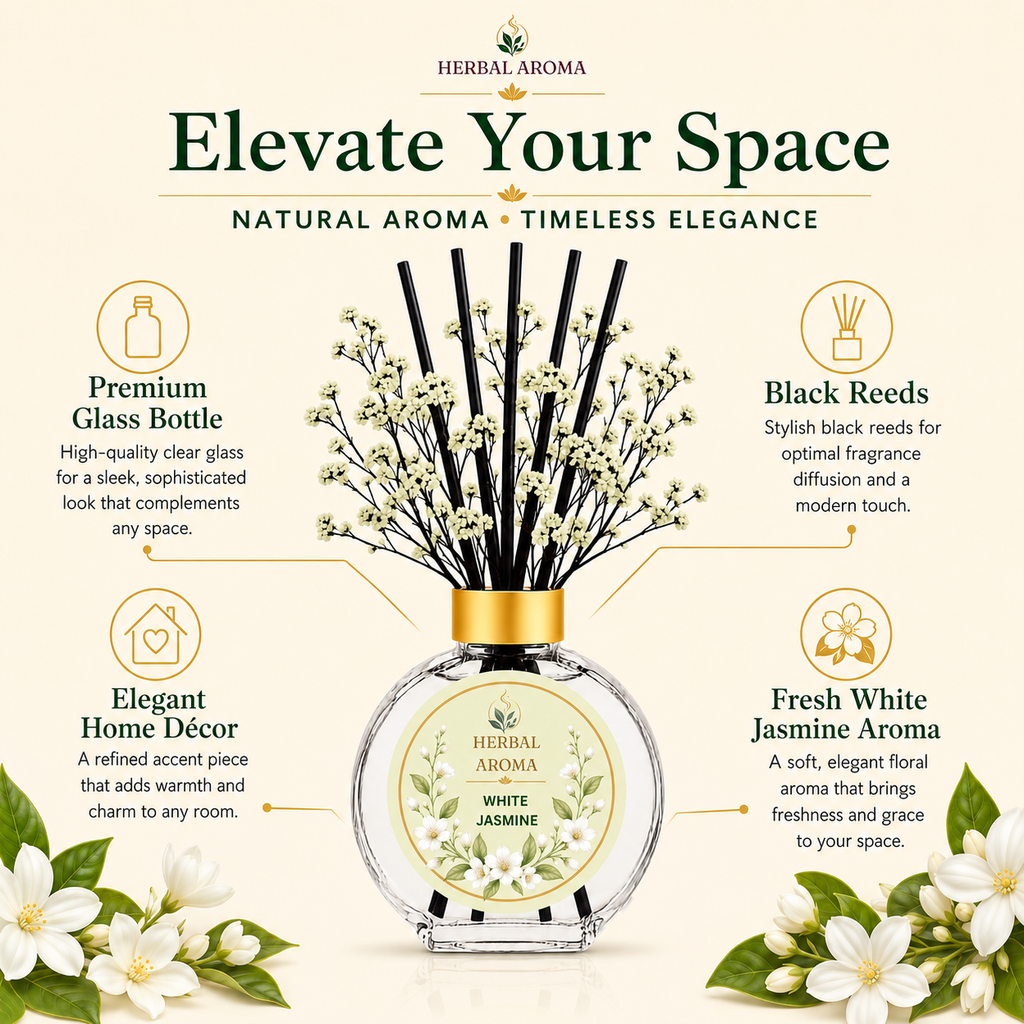 Herbal Aroma White Jasmine Home Fragrance Set, 3-Piece Reed Diffuser with 200 mL Refill and 200 mL Room Spray, 100 mL Diffuser