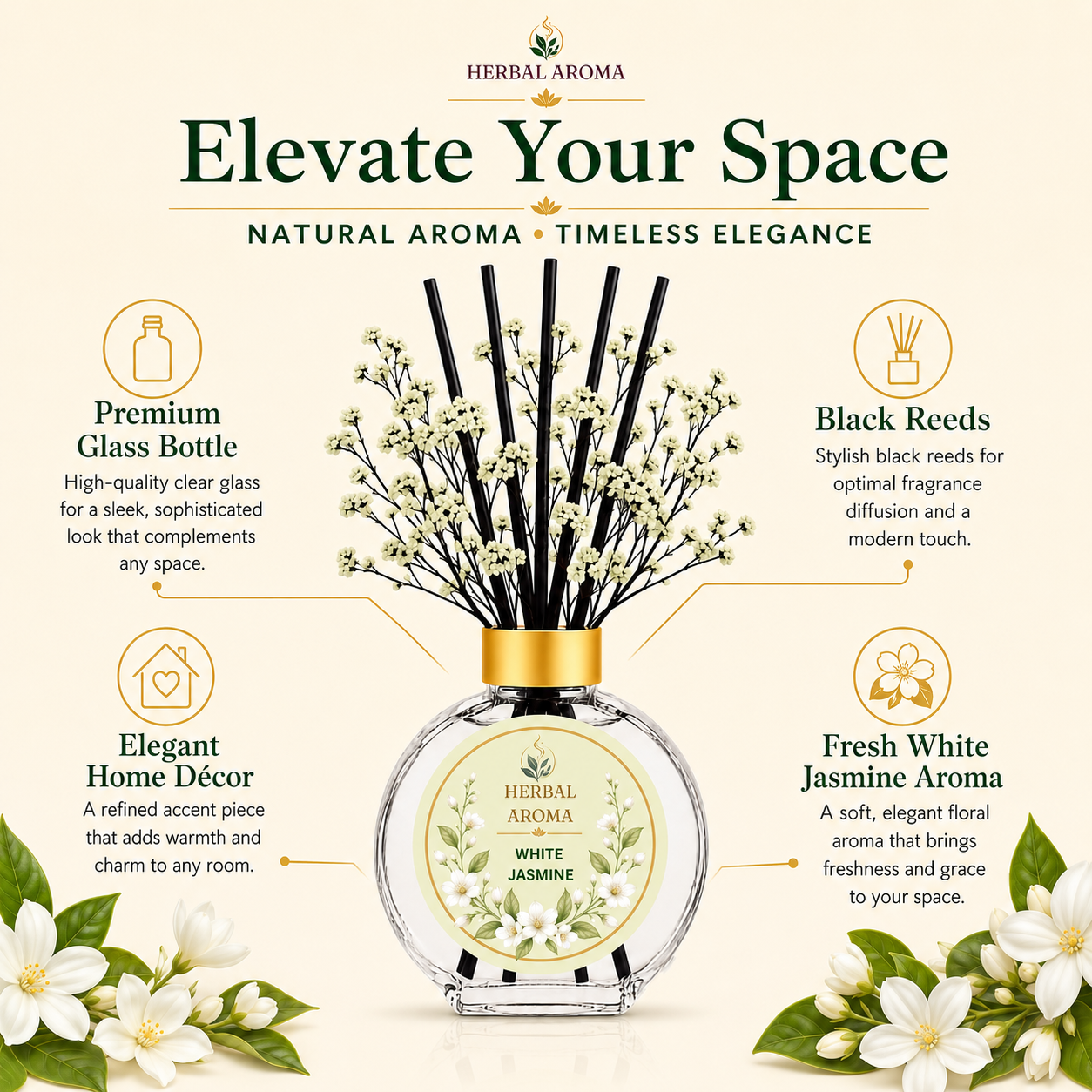 Herbal Aroma White Jasmine Home Fragrance Set, 3-Piece Reed Diffuser with 200 mL Refill and 200 mL Room Spray, 100 mL Diffuser