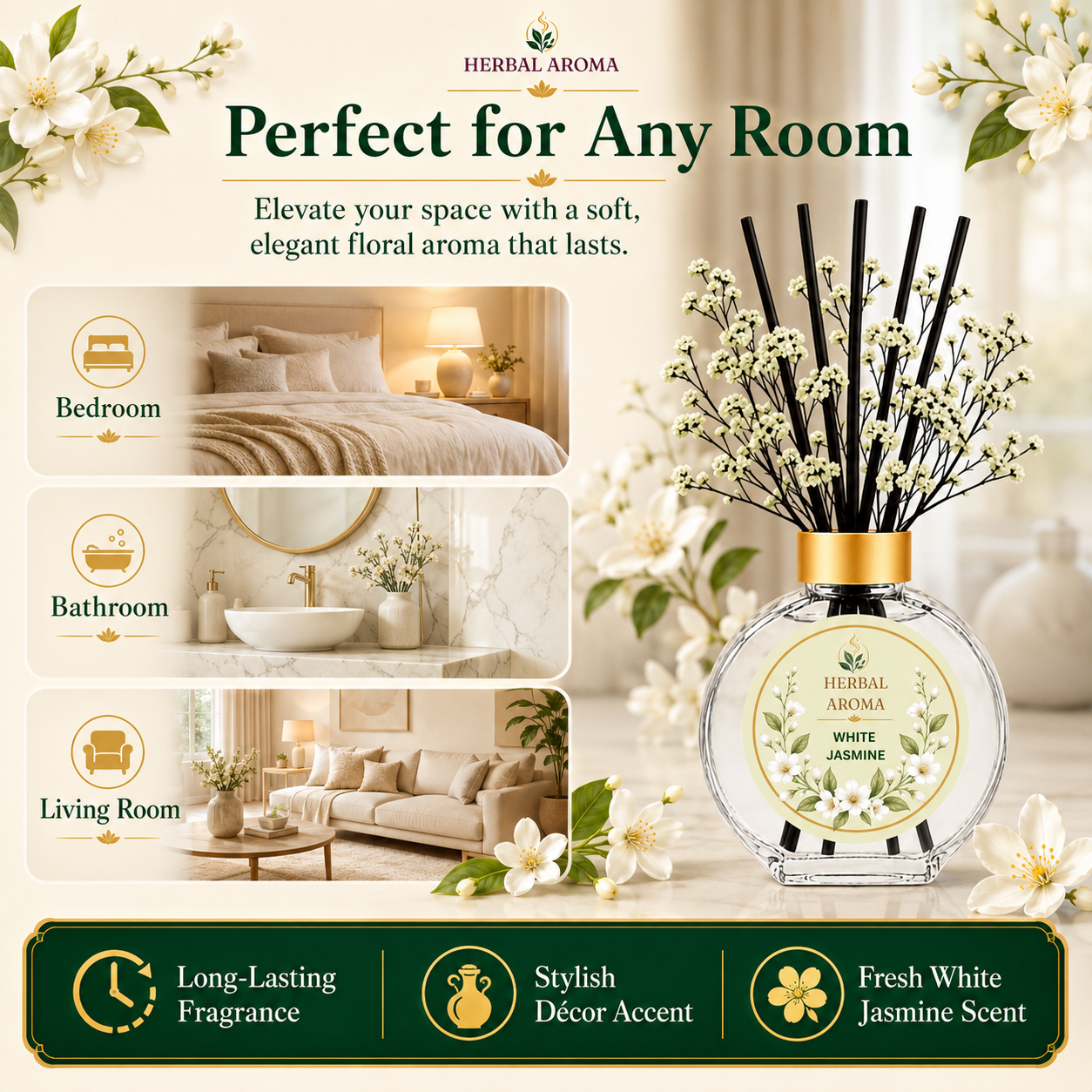 Herbal Aroma White Jasmine Home Fragrance Set, 3-Piece Reed Diffuser with 200 mL Refill and 200 mL Room Spray, 100 mL Diffuser