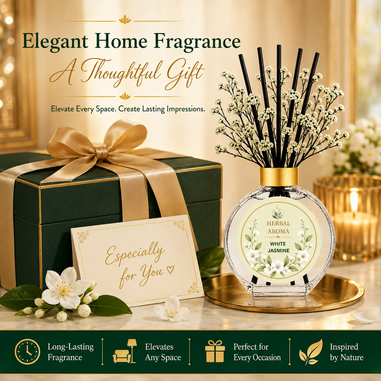 Herbal Aroma White Jasmine Home Fragrance Set, 3-Piece Reed Diffuser with 200 mL Refill and 200 mL Room Spray, 100 mL Diffuser