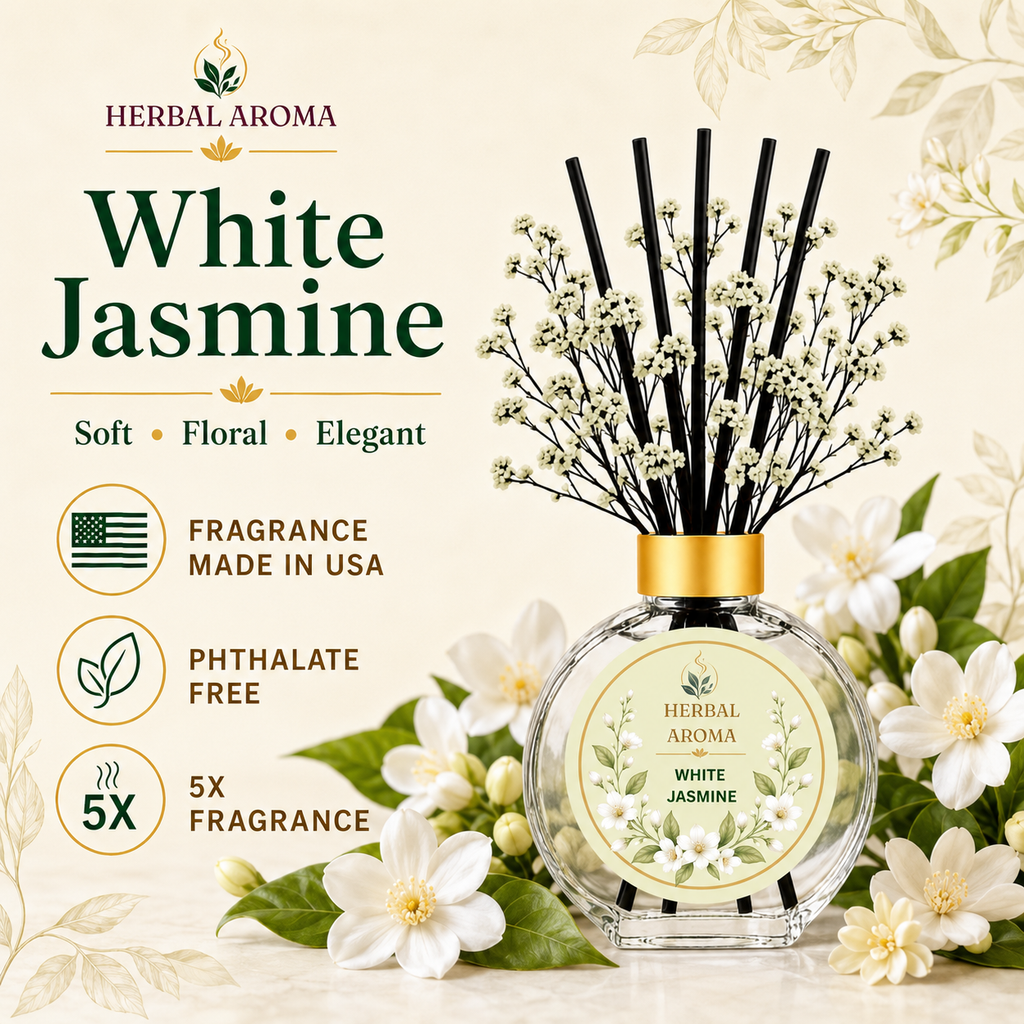 Herbal Aroma White Jasmine Home Fragrance Set, 3-Piece Reed Diffuser with 200 mL Refill and 200 mL Room Spray, 100 mL Diffuser