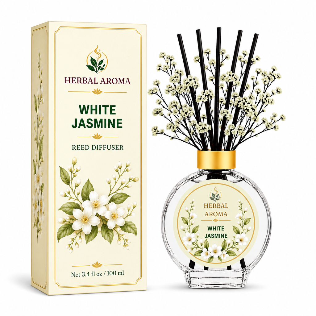 Herbal Aroma White Jasmine Home Fragrance Set, 3-Piece Reed Diffuser with 200 mL Refill and 200 mL Room Spray, 100 mL Diffuser