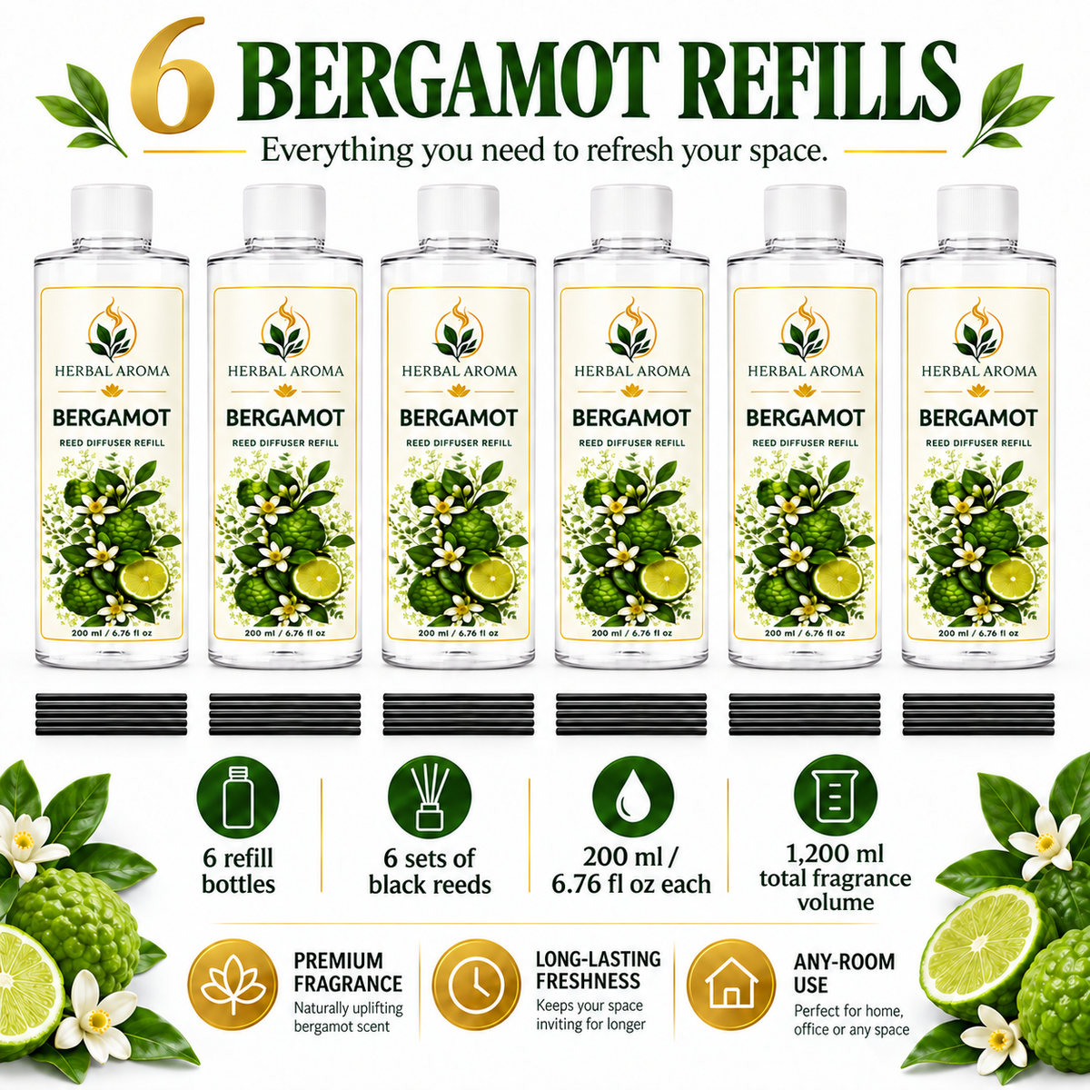Herbal Aroma Bergamot Reed Diffuser Refill 6-Pack with Black Reeds, 200 ml Each