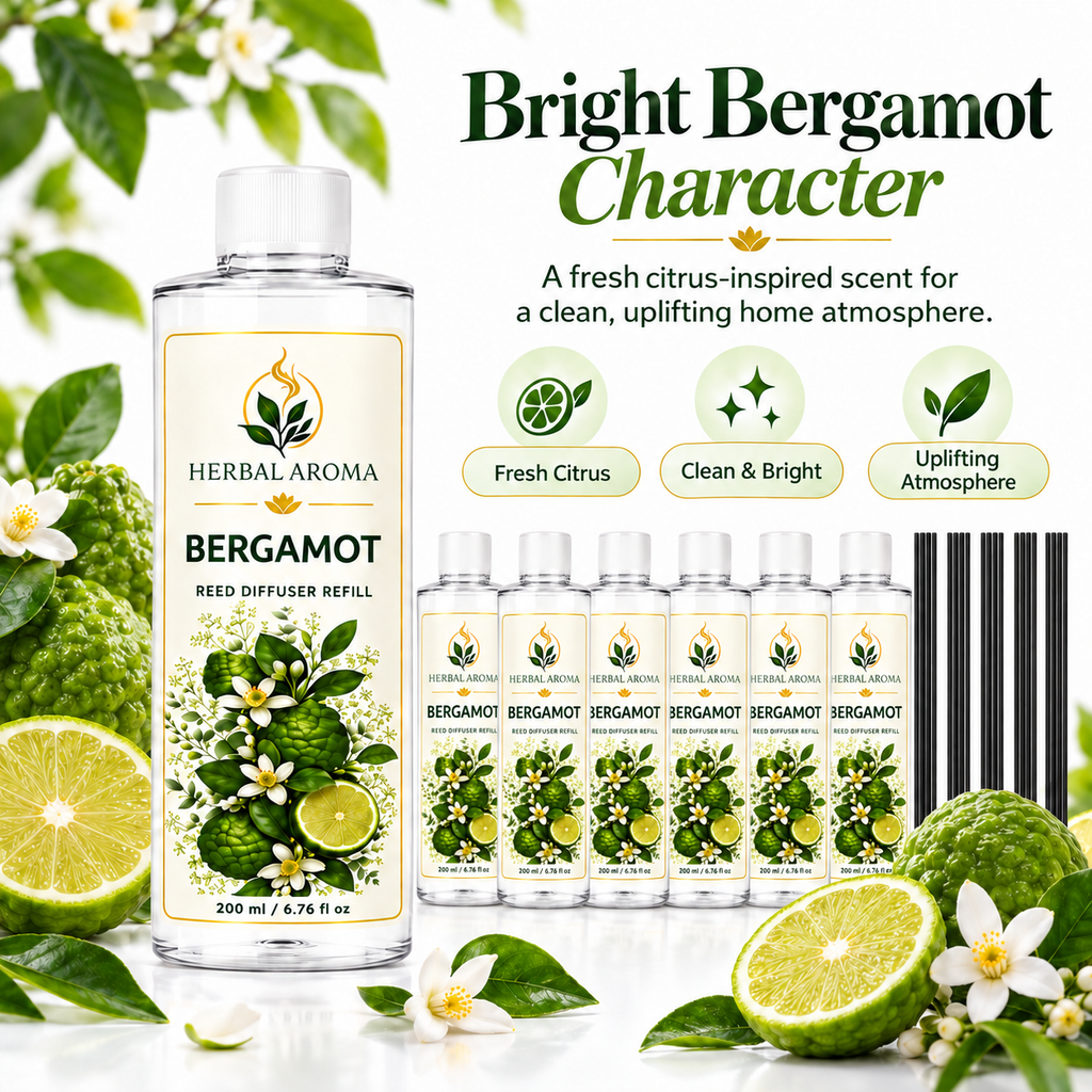 Herbal Aroma Bergamot Reed Diffuser Refill 6-Pack with Black Reeds, 200 ml Each