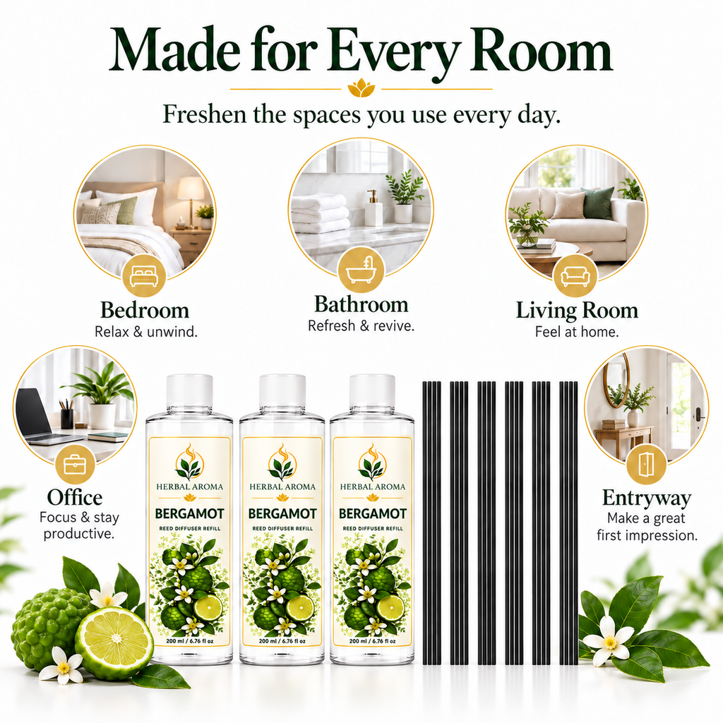 Herbal Aroma Bergamot Reed Diffuser Refill 6-Pack with Black Reeds, 200 ml Each