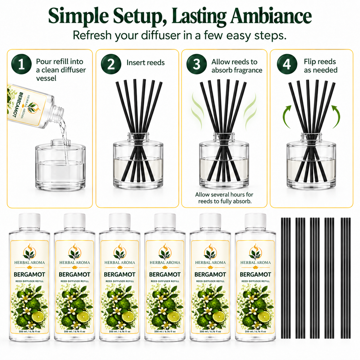 Herbal Aroma Bergamot Reed Diffuser Refill 6-Pack with Black Reeds, 200 ml Each