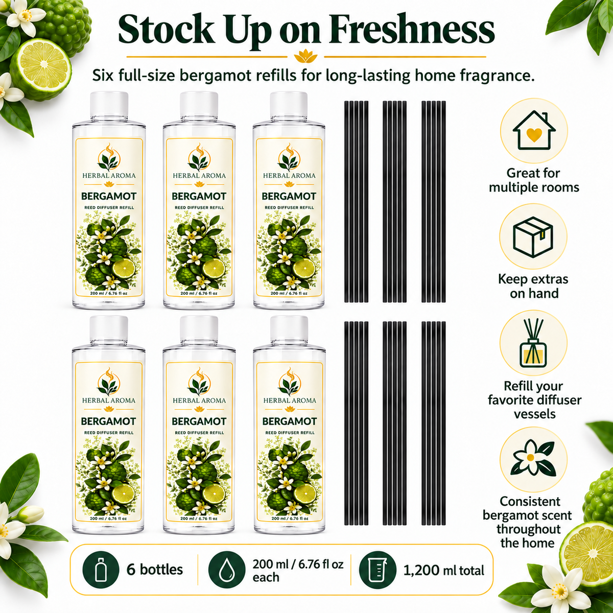 Herbal Aroma Bergamot Reed Diffuser Refill 6-Pack with Black Reeds, 200 ml Each