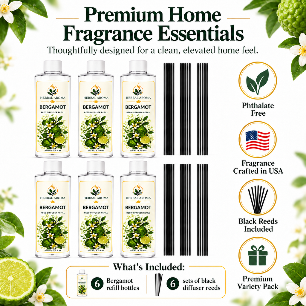 Herbal Aroma Bergamot Reed Diffuser Refill 6-Pack with Black Reeds, 200 ml Each