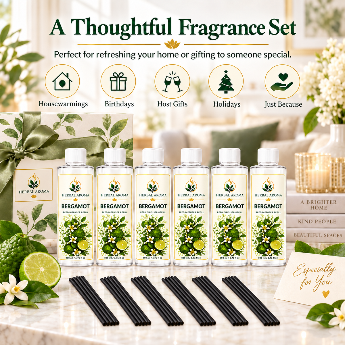 Herbal Aroma Bergamot Reed Diffuser Refill 6-Pack with Black Reeds, 200 ml Each
