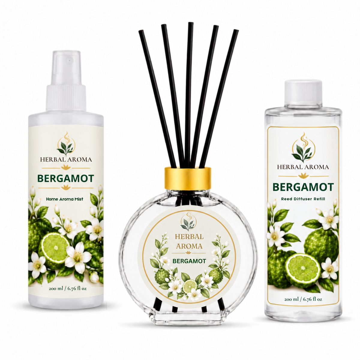Herbal Aroma Bergamot Home Fragrance Set, 3-Piece Reed Diffuser with 200 mL Refill and 200 mL Room Spray, 100 mL Diffuser