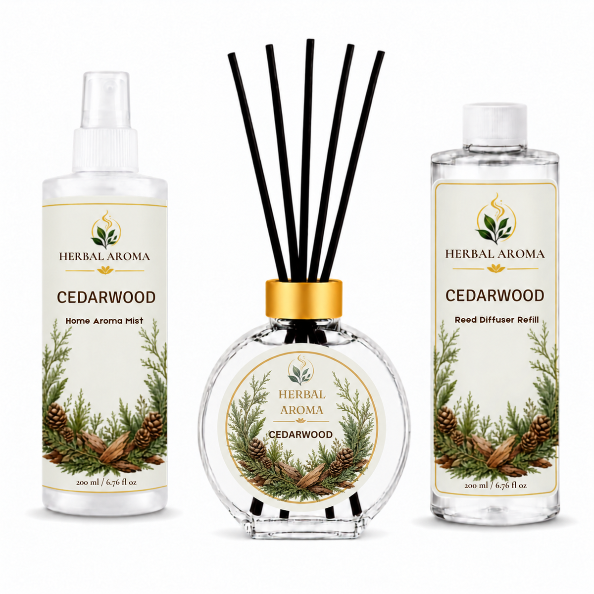 Herbal Aroma Cedarwood Home Fragrance Set, 3-Piece Reed Diffuser with 200 mL Refill and 200 mL Room Spray, 100 mL Diffuser