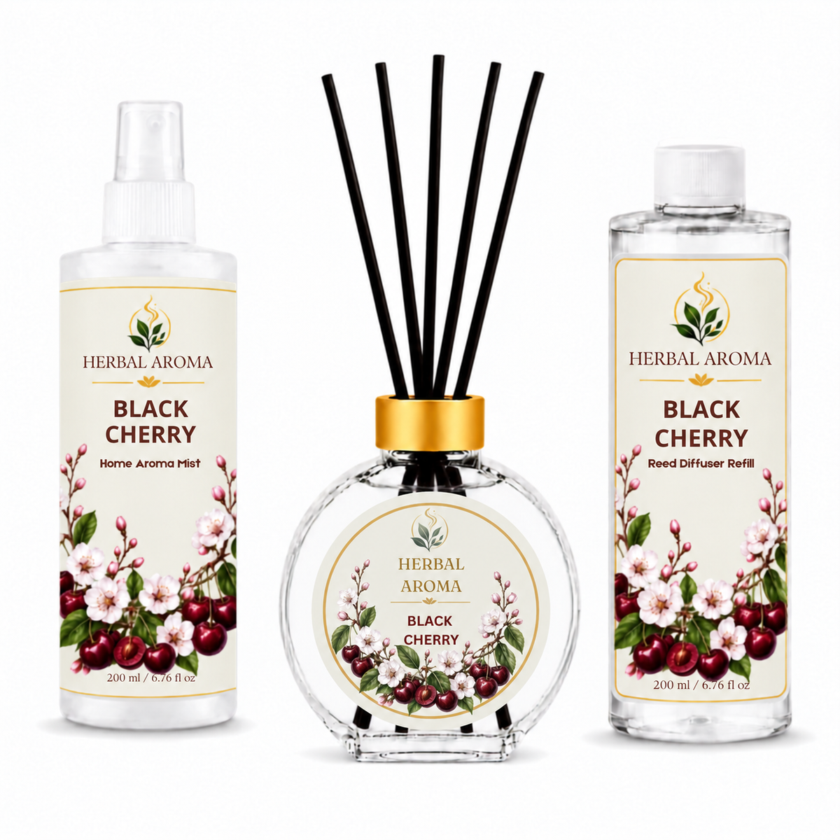 Herbal Aroma Black Cherry Home Fragrance Set, 3-Piece Reed Diffuser with 200 mL Refill and 200 mL Room Spray, 100 mL Diffuser