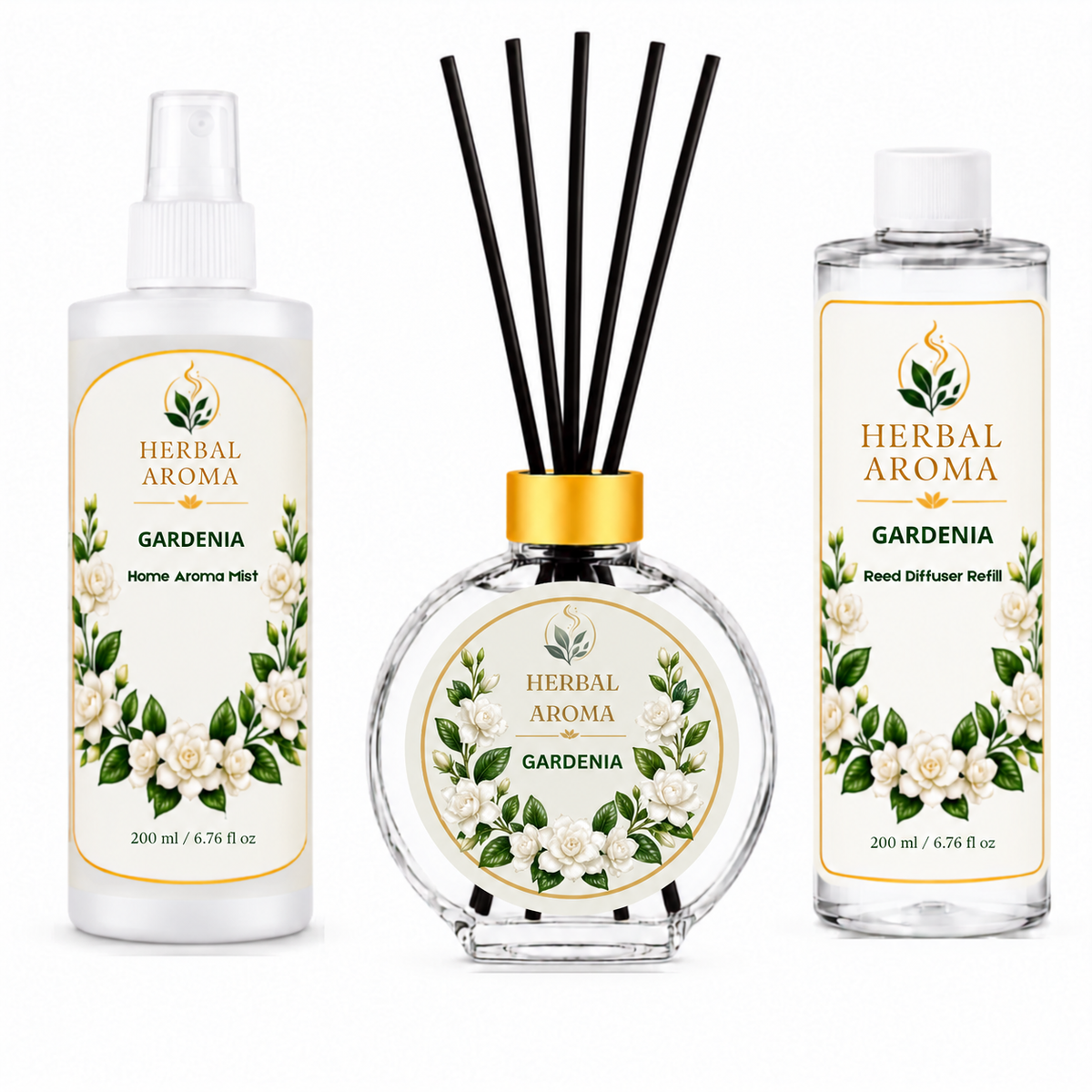 Herbal Aroma Gardenia Home Fragrance Set, 3-Piece Reed Diffuser with 200 mL Refill and 200 mL Room Spray, 100 mL Diffuser
