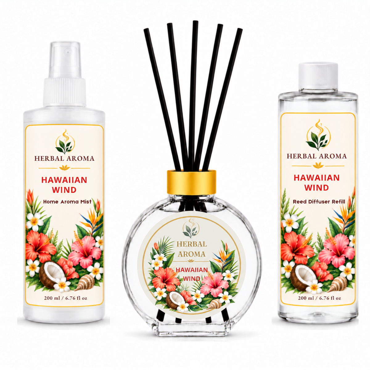 Herbal Aroma Hawaiian Wind Home Fragrance Set, 3-Piece Reed Diffuser with 200 mL Refill and 200 mL Room Spray, 100 mL Diffuser