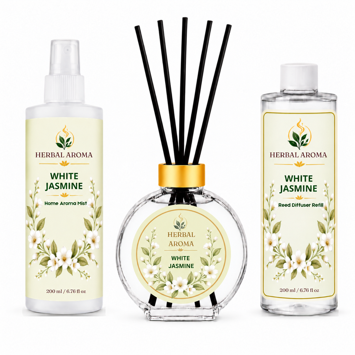 Herbal Aroma White Jasmine Home Fragrance Set, 3-Piece Reed Diffuser with 200 mL Refill and 200 mL Room Spray, 100 mL Diffuser