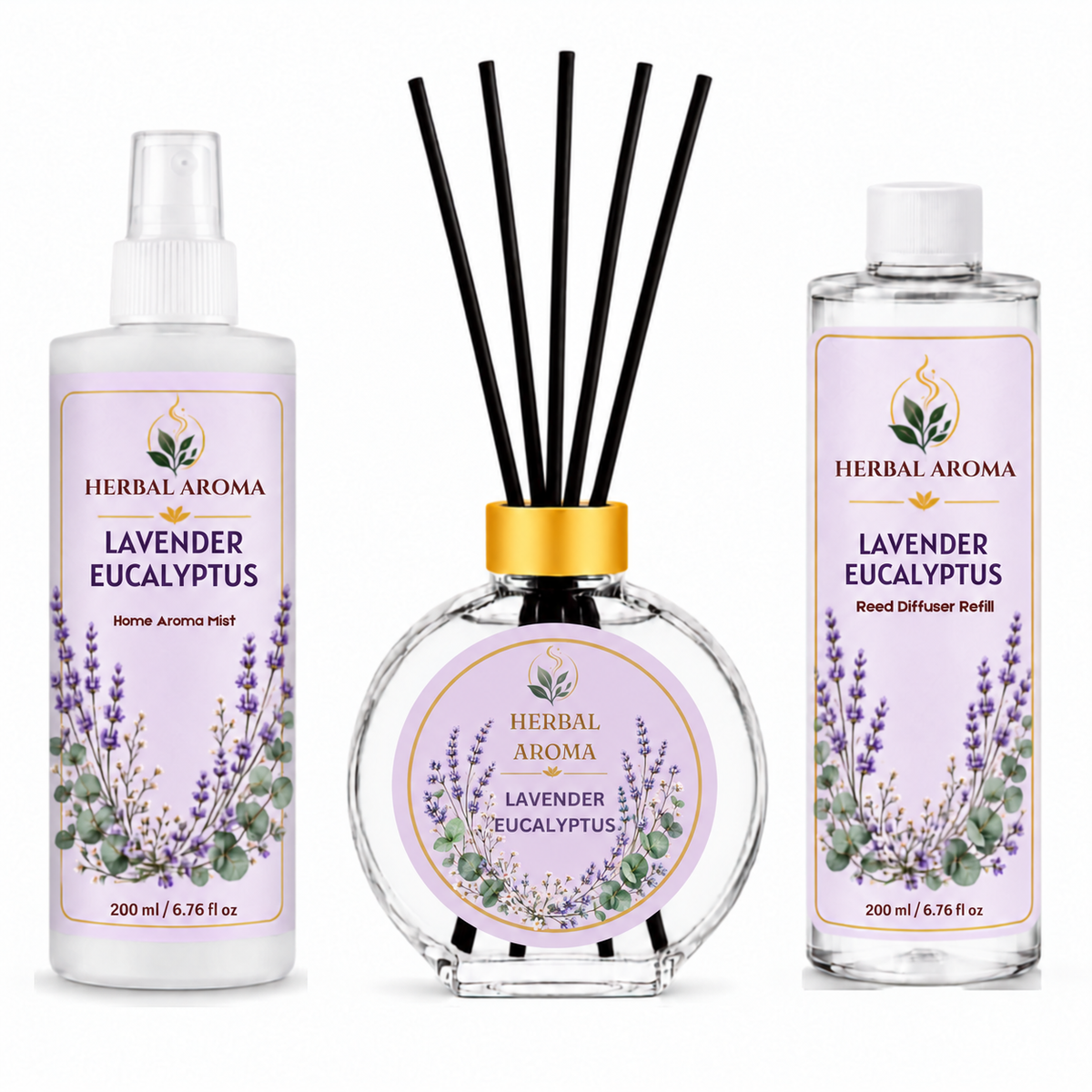 Herbal Aroma Lavender Eucalyptus Home Fragrance Set, 3-Piece Reed Diffuser with 200 mL Refill and 200 mL Room Spray, 100 mL Diffuser