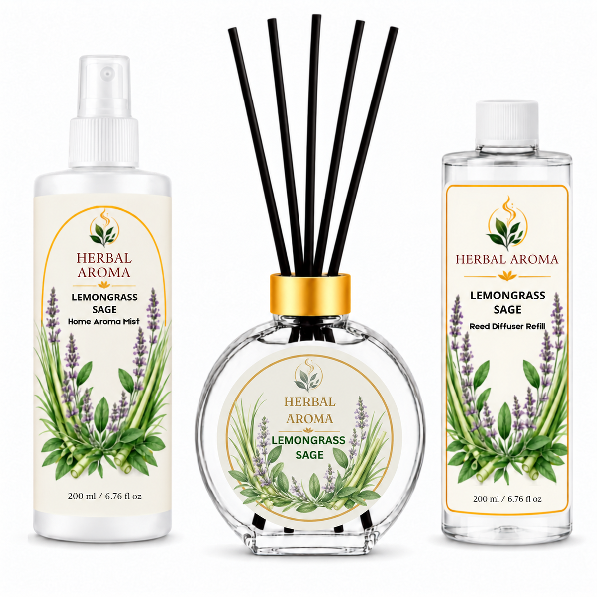 Herbal Aroma Patchouli Home Fragrance Set, 3-Piece Reed Diffuser with 200 mL Refill and 200 mL Room Spray, 100 mL Diffuser