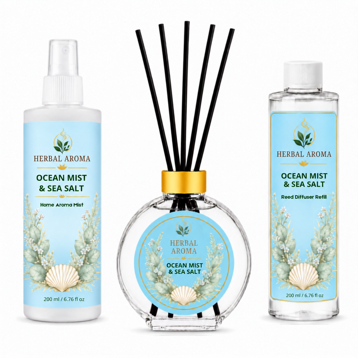 Herbal Aroma Ocean Mist & Sea Salt Home Fragrance Set, 3-Piece Reed Diffuser with 200 mL Refill and 200 mL Room Spray, 100 mL Diffuser