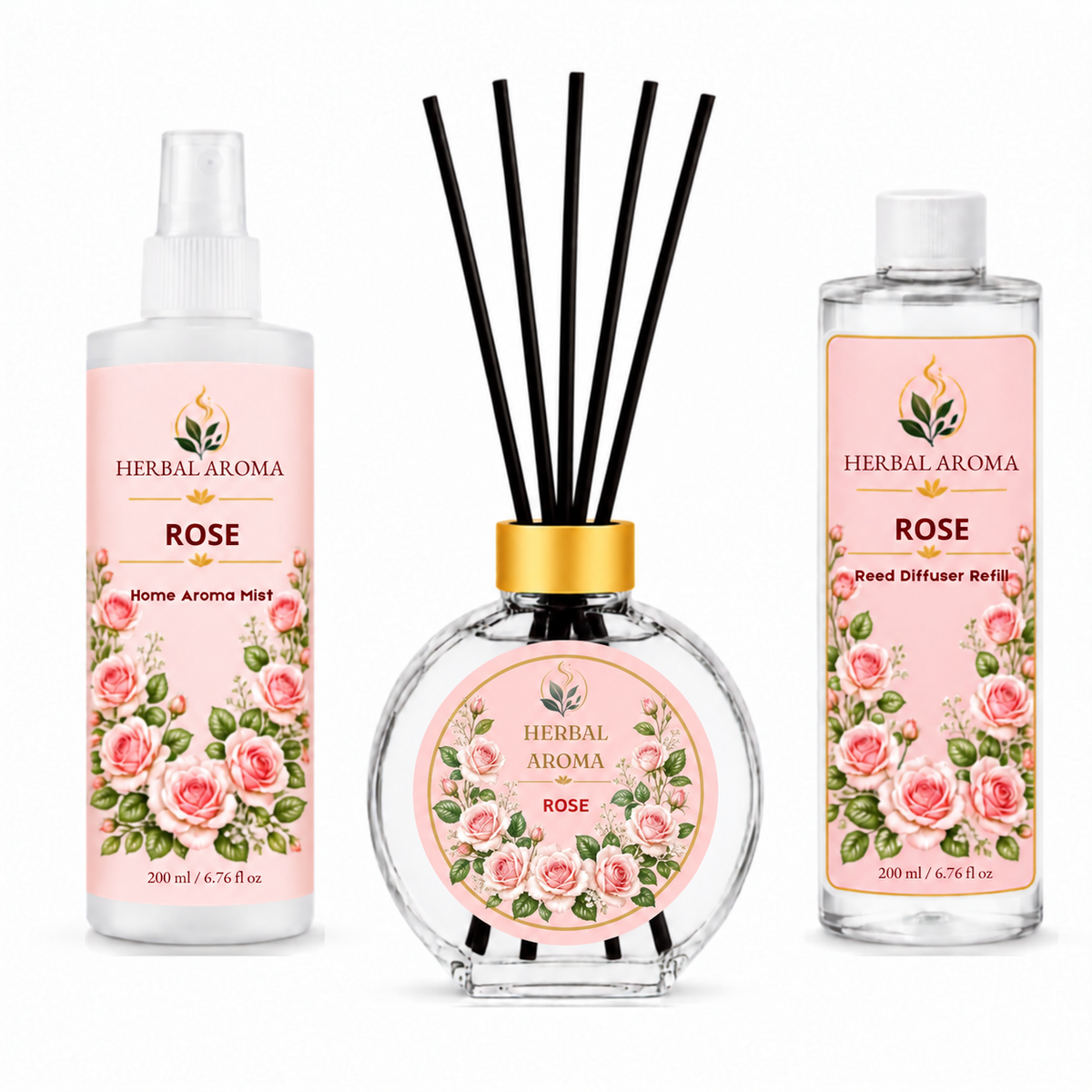 Herbal Aroma Rose Home Fragrance Set, 3-Piece Reed Diffuser with 200 mL Refill and 200 mL Room Spray, 100 mL Diffuser