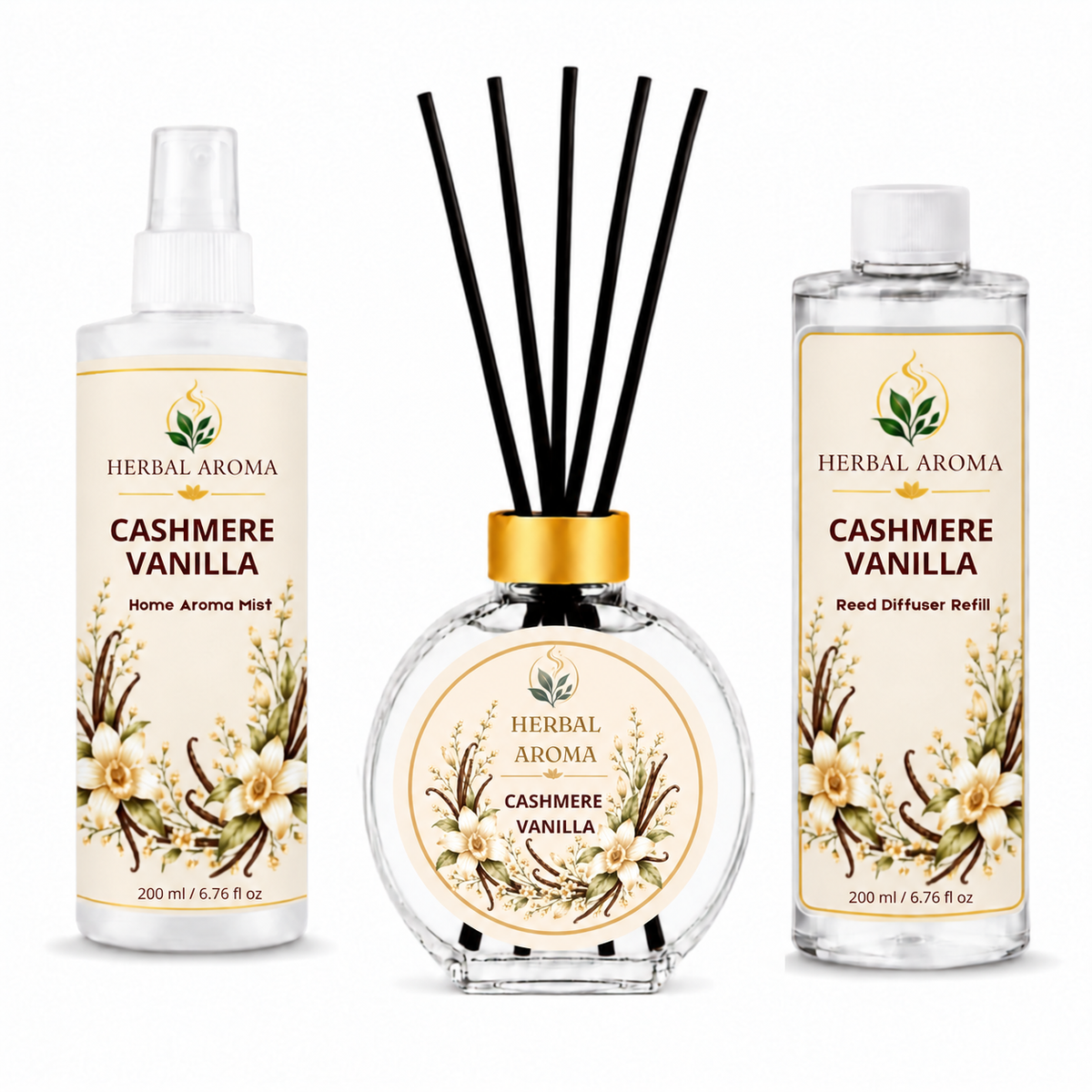 Herbal Aroma Cashmere Vanilla Home Fragrance Set, 3-Piece Reed Diffuser with 200 mL Refill and 200 mL Room Spray, 100 mL Diffuser