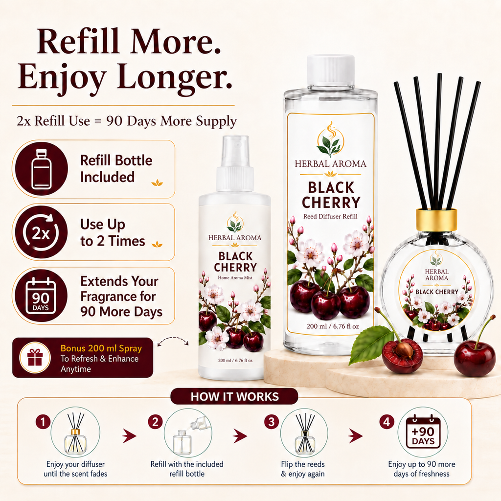 Herbal Aroma Black Cherry Reed Diffuser Refill Set, 3 Pack, 200 mL Each, 600 mL Total, Includes Black Reeds, Home Fragrance Refill