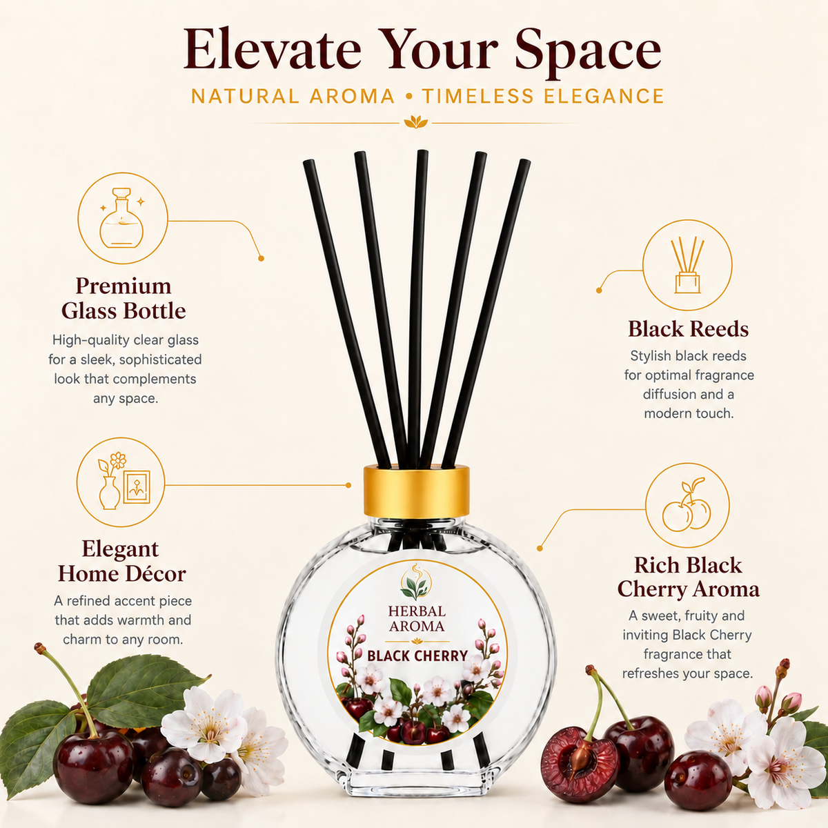 Herbal Aroma Black Cherry Reed Diffuser Refill Set, 3 Pack, 200 mL Each, 600 mL Total, Includes Black Reeds, Home Fragrance Refill