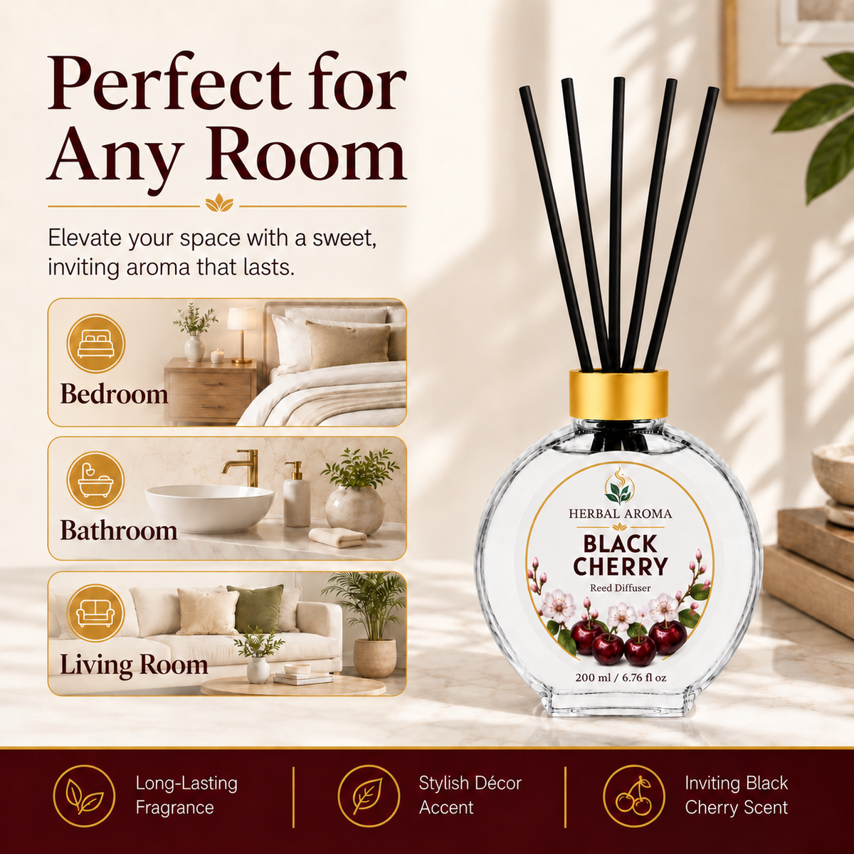 Herbal Aroma Black Cherry Reed Diffuser Set, 3 Pack Home Fragrance Diffusers, 100 mL Each, 300 mL Total, Fruity Home Fragrance for Bedroom & Office
