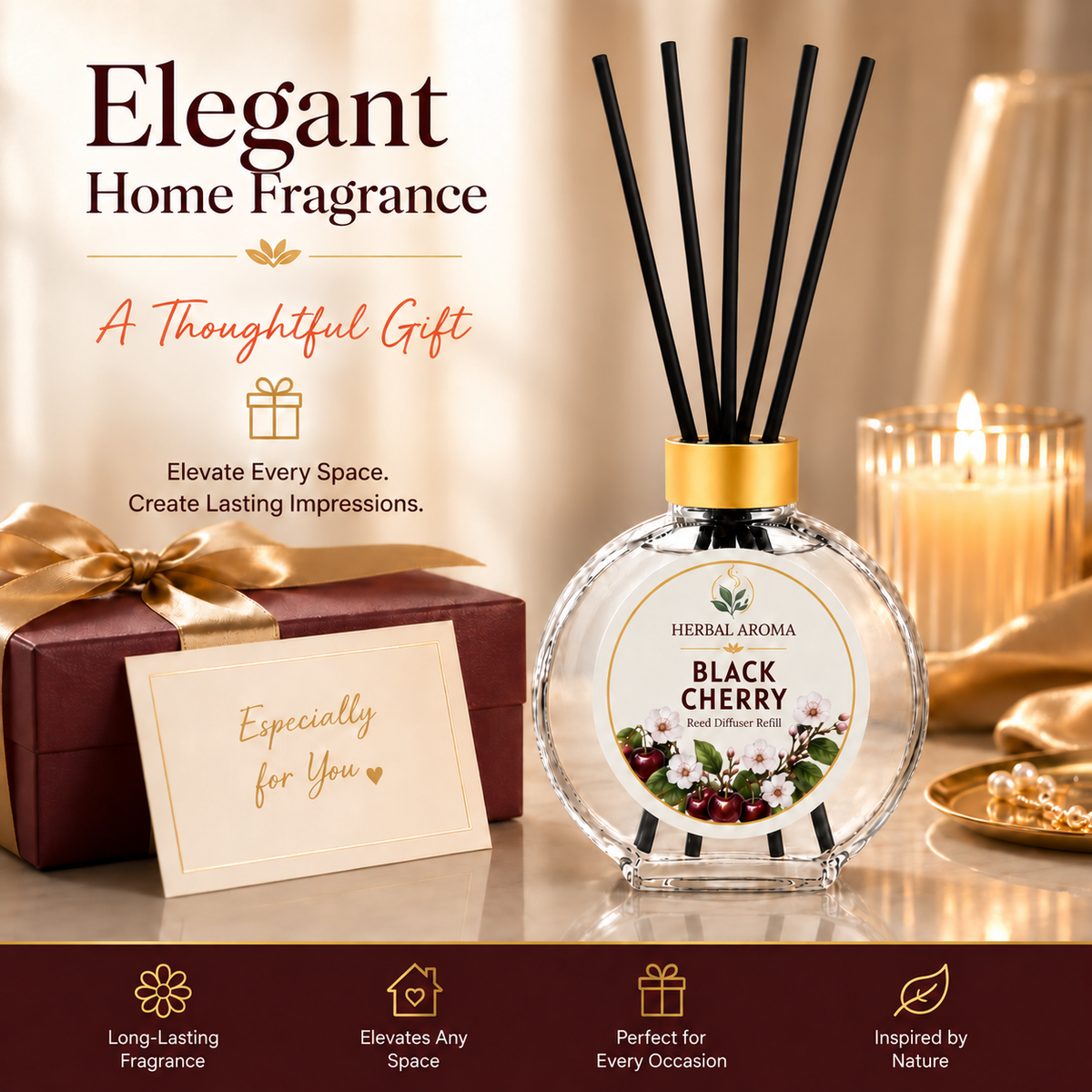 Herbal Aroma Black Cherry Reed Diffuser Set, 3 Pack Home Fragrance Diffusers, 100 mL Each, 300 mL Total, Fruity Home Fragrance for Bedroom & Office