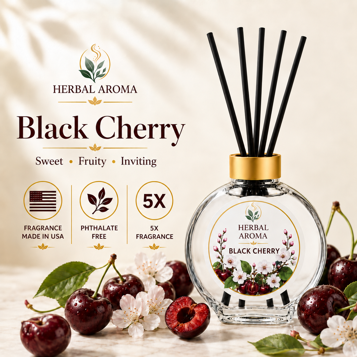 Herbal Aroma Black Cherry Reed Diffuser Set, 3 Pack Home Fragrance Diffusers, 100 mL Each, 300 mL Total, Fruity Home Fragrance for Bedroom & Office