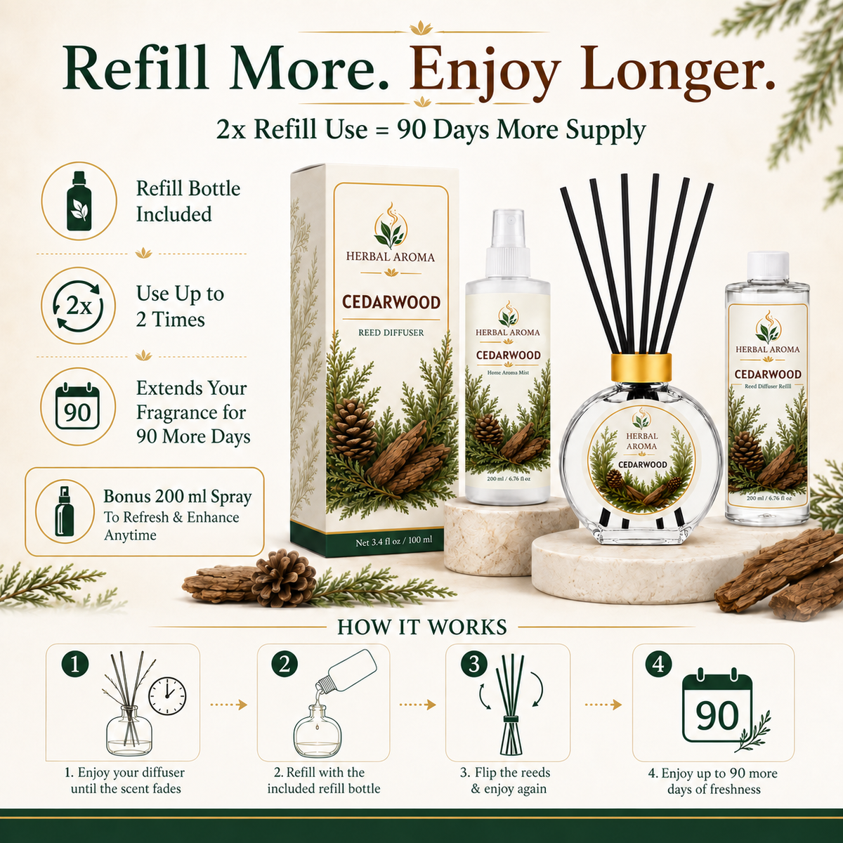 Herbal Aroma Cedarwood Reed Diffuser Refill Set, 3 Pack, 200 mL Each, 600 mL Total, Includes Black Reeds, Home Fragrance Refill