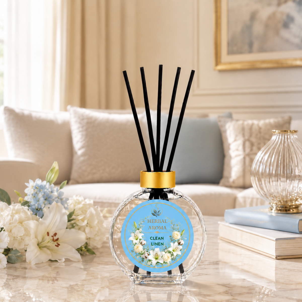 Herbal Aroma Clean Linen Reed Diffuser Refill Set, 3 Pack, 200 mL Each, 600 mL Total, Includes Black Reeds, Home Fragrance Refill