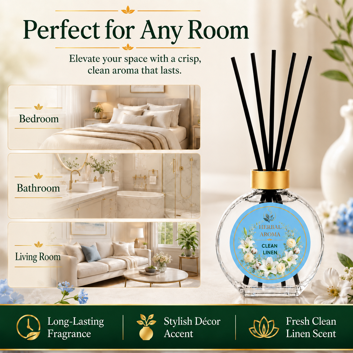 Herbal Aroma Clean Linen Reed Diffuser Refill Set, 3 Pack, 200 mL Each, 600 mL Total, Includes Black Reeds, Home Fragrance Refill