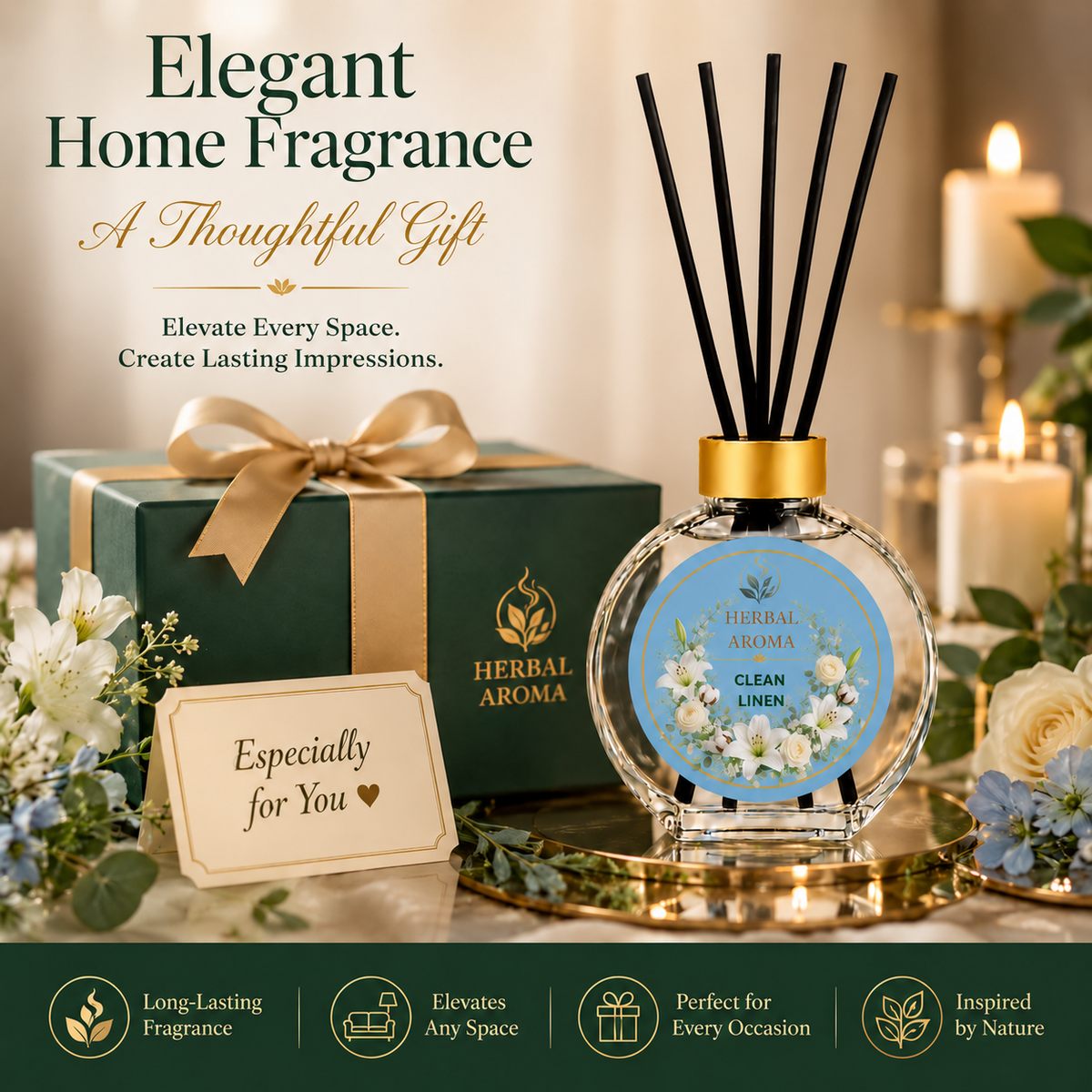 Herbal Aroma Clean Linen Reed Diffuser Refill Set, 3 Pack, 200 mL Each, 600 mL Total, Includes Black Reeds, Home Fragrance Refill