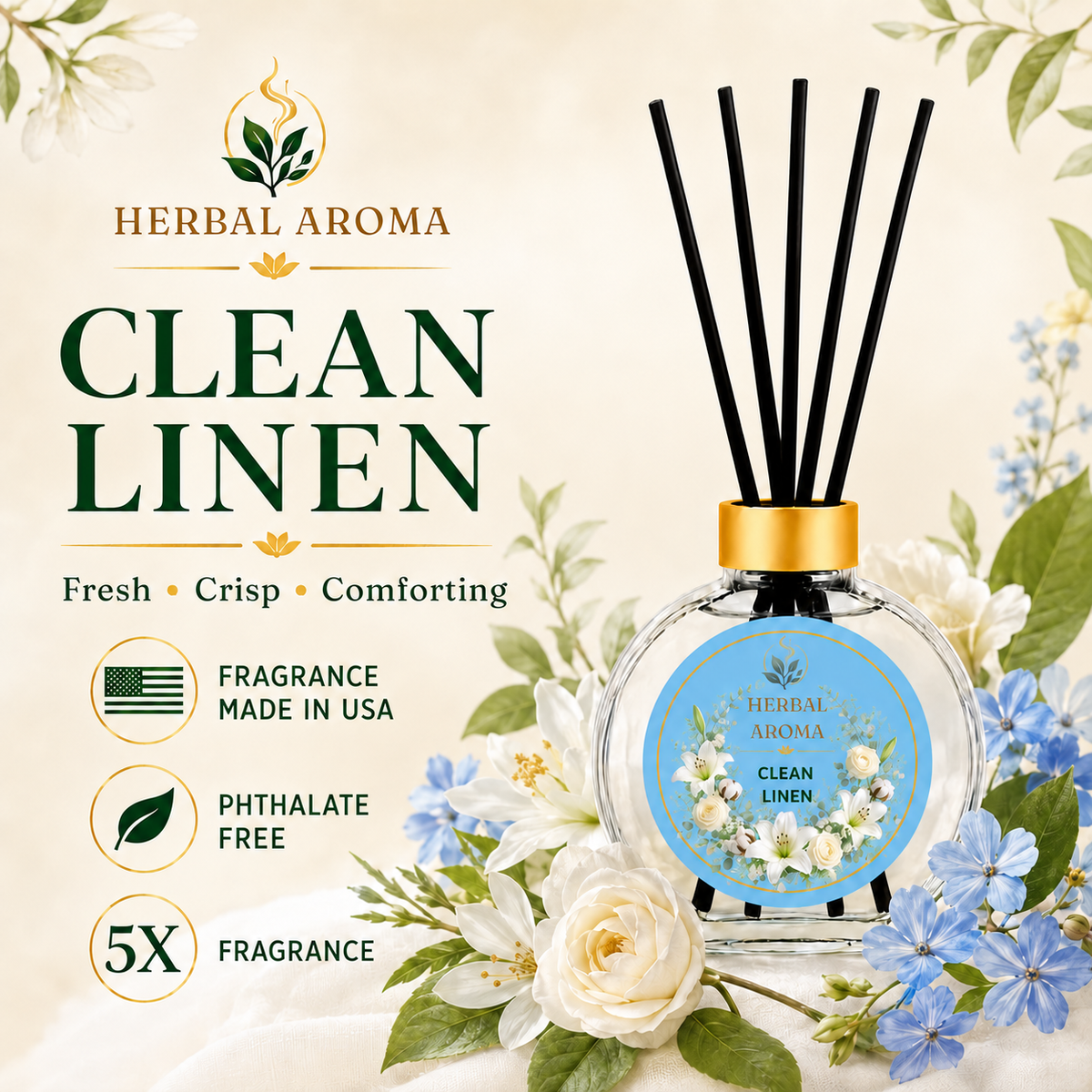 Herbal Aroma Clean Linen Reed Diffuser Set, 3 Pack Home Fragrance Diffusers, 100 mL Each, 300 mL Total, Fresh Reed Diffusers for Home, Bathroom & Office