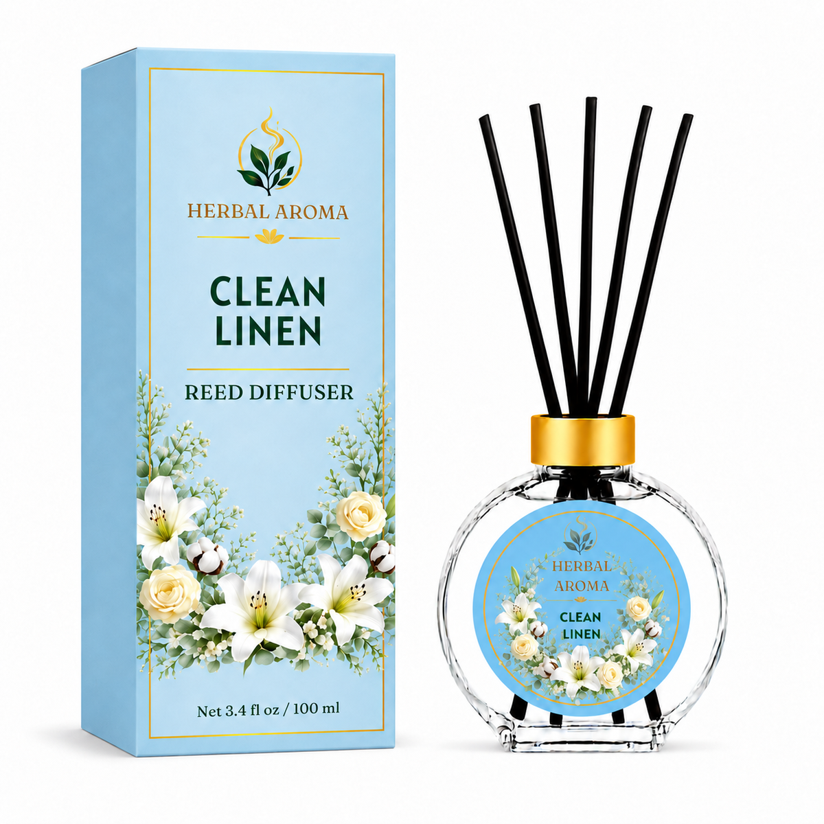 Herbal Aroma Clean Linen Reed Diffuser Set, 3 Pack Home Fragrance Diffusers, 100 mL Each, 300 mL Total, Fresh Reed Diffusers for Home, Bathroom & Office