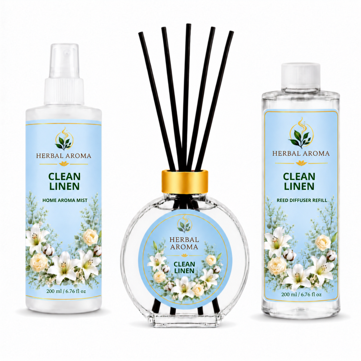 Herbal Aroma Clean Linen Home Fragrance Set, 3-Piece Reed Diffuser with 200 mL Refill and 200 mL Room Spray, 100 mL Diffuser