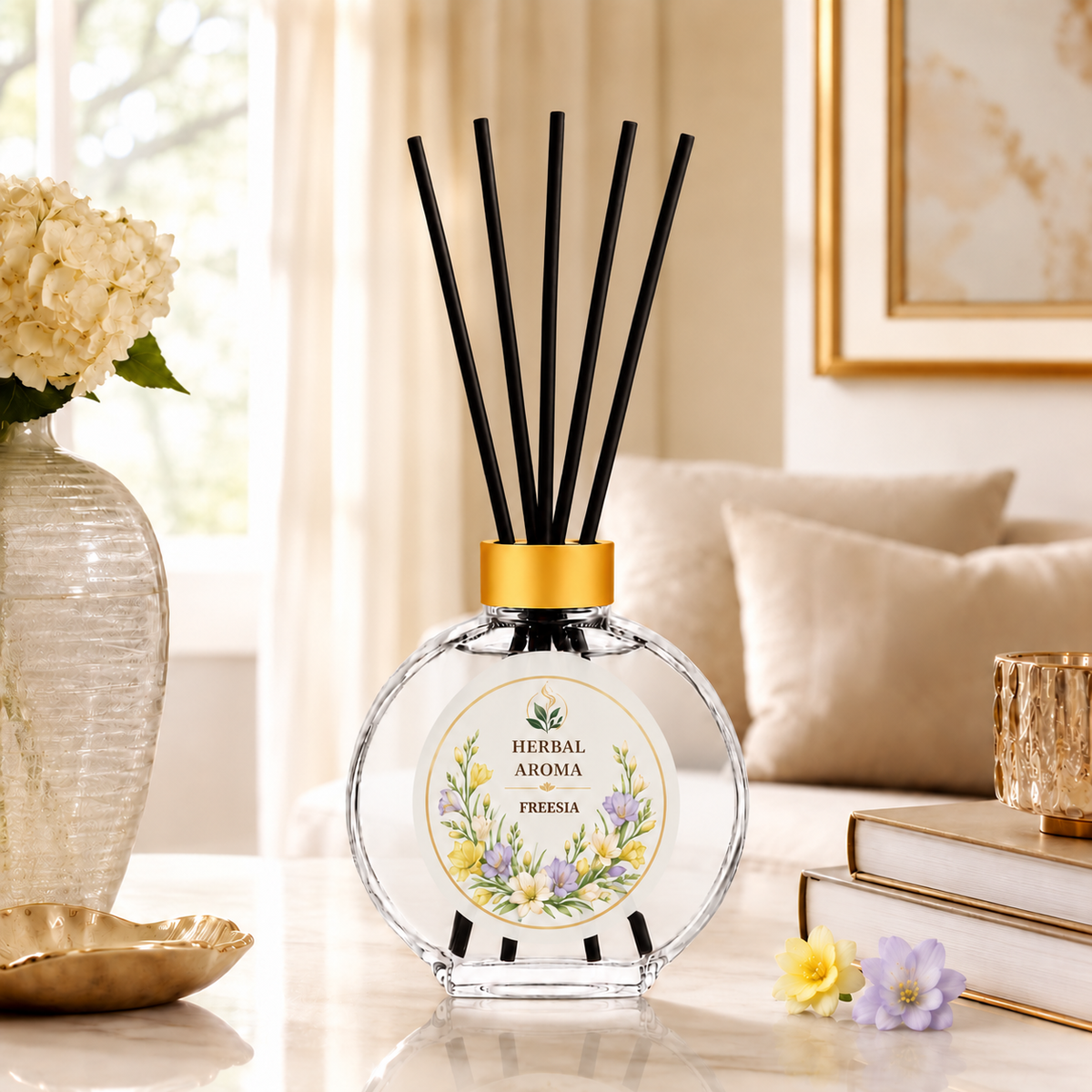 Herbal Aroma Freesia Reed Diffuser Refill Set, 3 Pack, 200 mL Each, 600 mL Total, Includes Black Reeds, Home Fragrance Refill