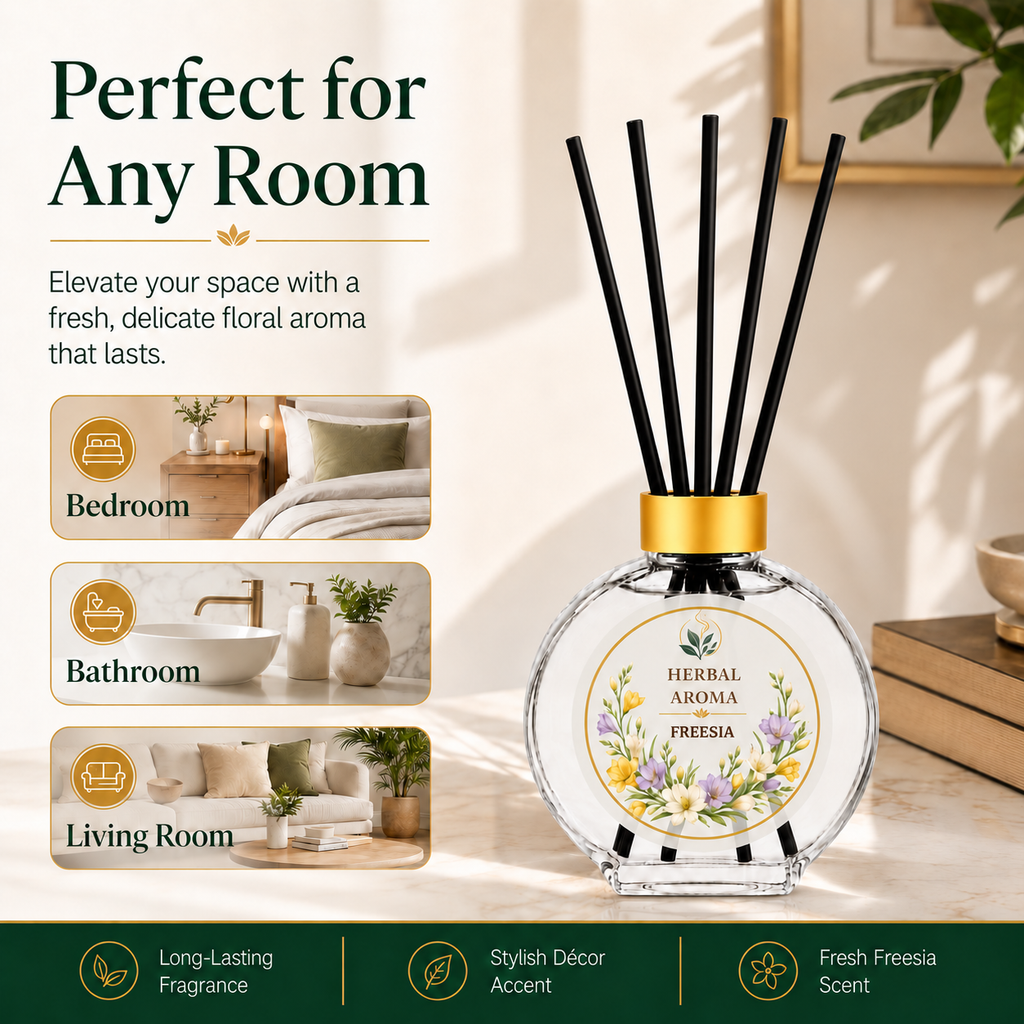 Herbal Aroma Freesia Reed Diffuser Refill Set, 3 Pack, 200 mL Each, 600 mL Total, Includes Black Reeds, Home Fragrance Refill