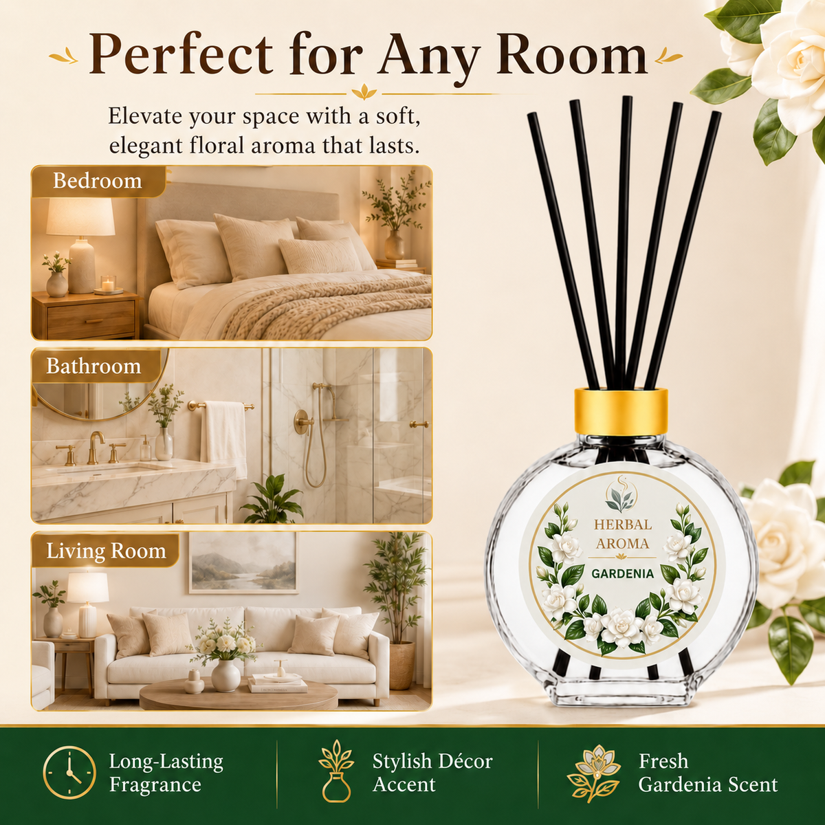 Herbal Aroma Gardenia Reed Diffuser Refill Set, 3 Pack, 200 mL Each, 600 mL Total, Includes Black Reeds, Home Fragrance Refill