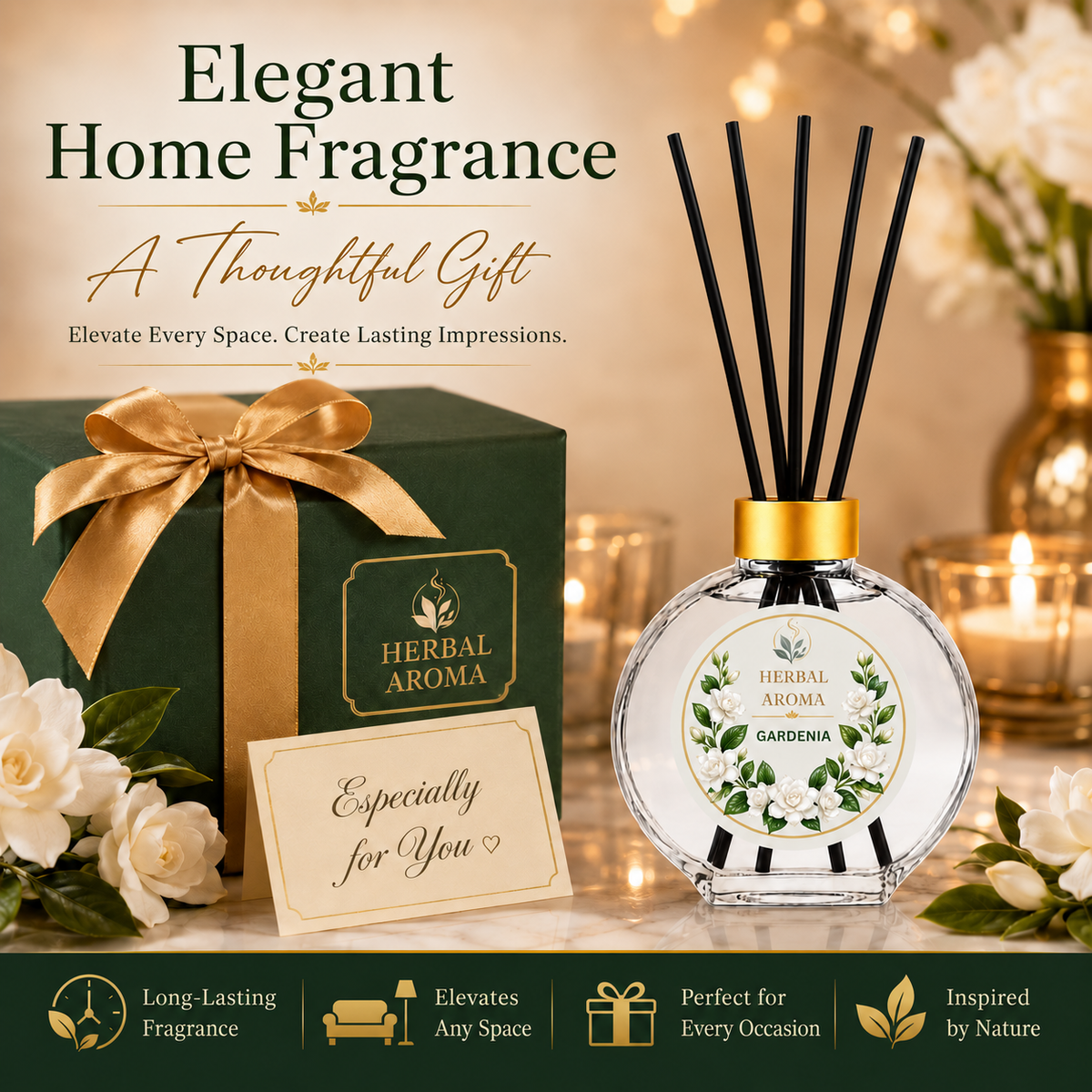 Herbal Aroma Gardenia Reed Diffuser Set, 3 Pack Home Fragrance Diffusers, 100 mL Each, 300 mL Total, Floral Reed Diffusers for Home, Bedroom & Office