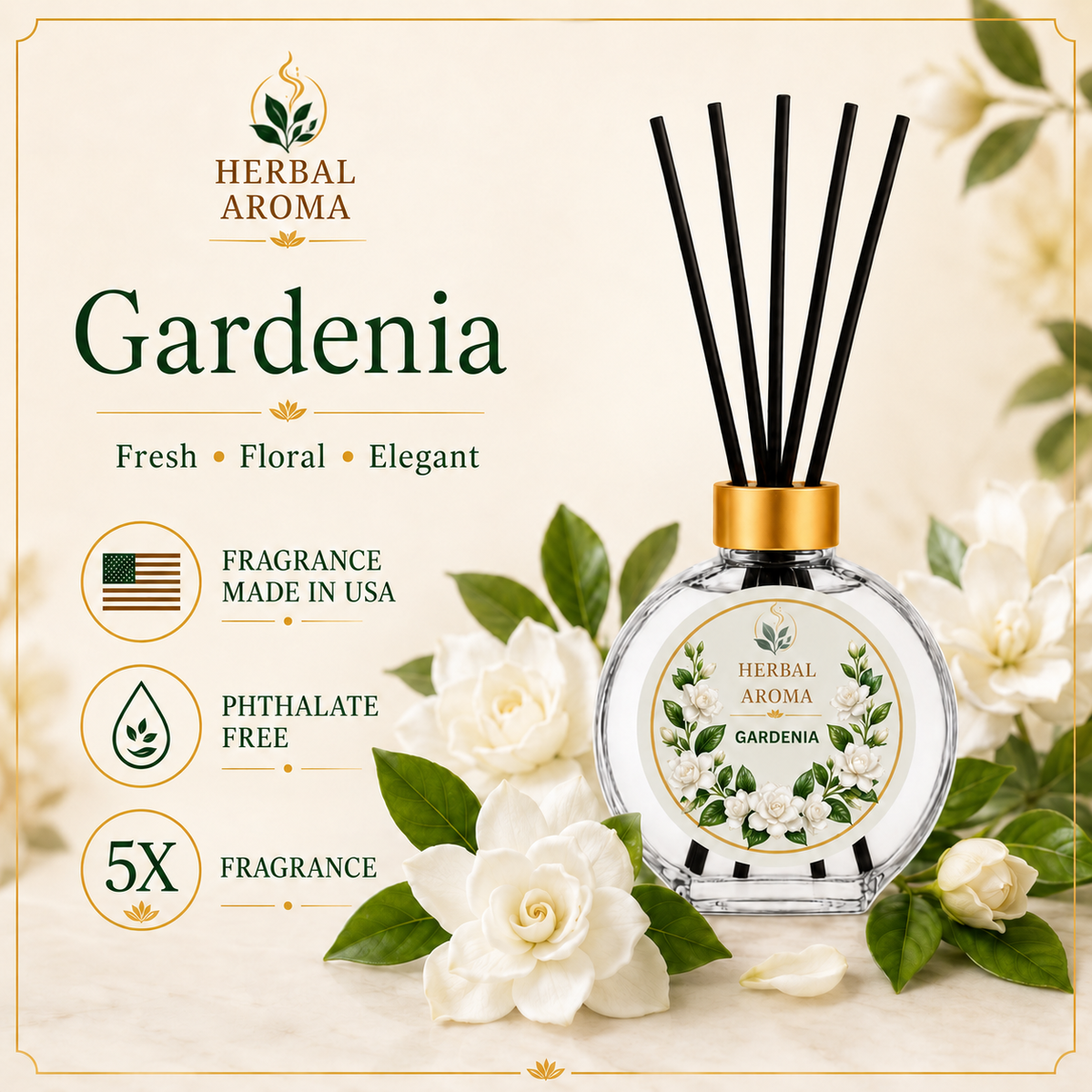 Herbal Aroma Gardenia Reed Diffuser Refill Set, 3 Pack, 200 mL Each, 600 mL Total, Includes Black Reeds, Home Fragrance Refill