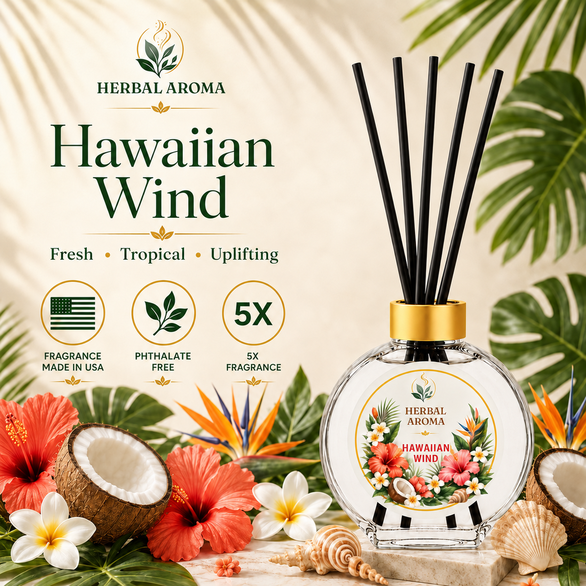 Herbal Aroma Hawaiian Wind Reed Diffuser Set, 3 Pack Home Fragrance Diffusers, 100 mL Each, 300 mL Total, Tropical Home Fragrance for Bedroom & Office