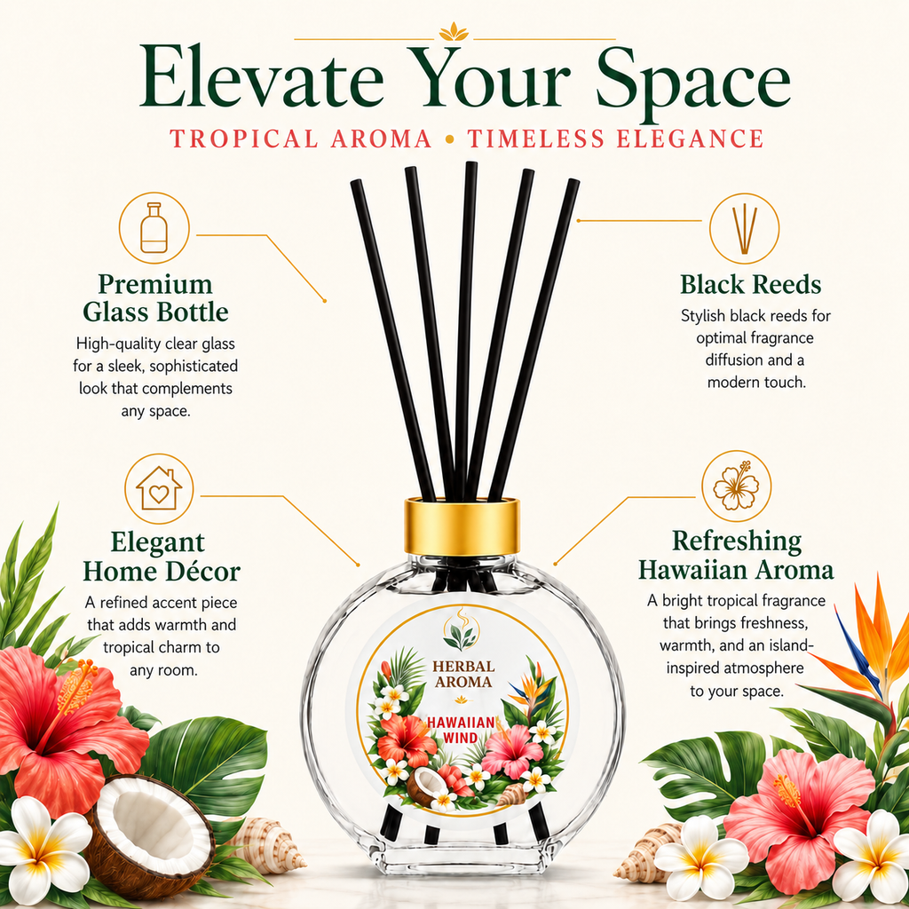 Herbal Aroma Hawaiian Wind Reed Diffuser Refill Set, 3 Pack, 200 mL Each, 600 mL Total, Includes Black Reeds, Home Fragrance Refill