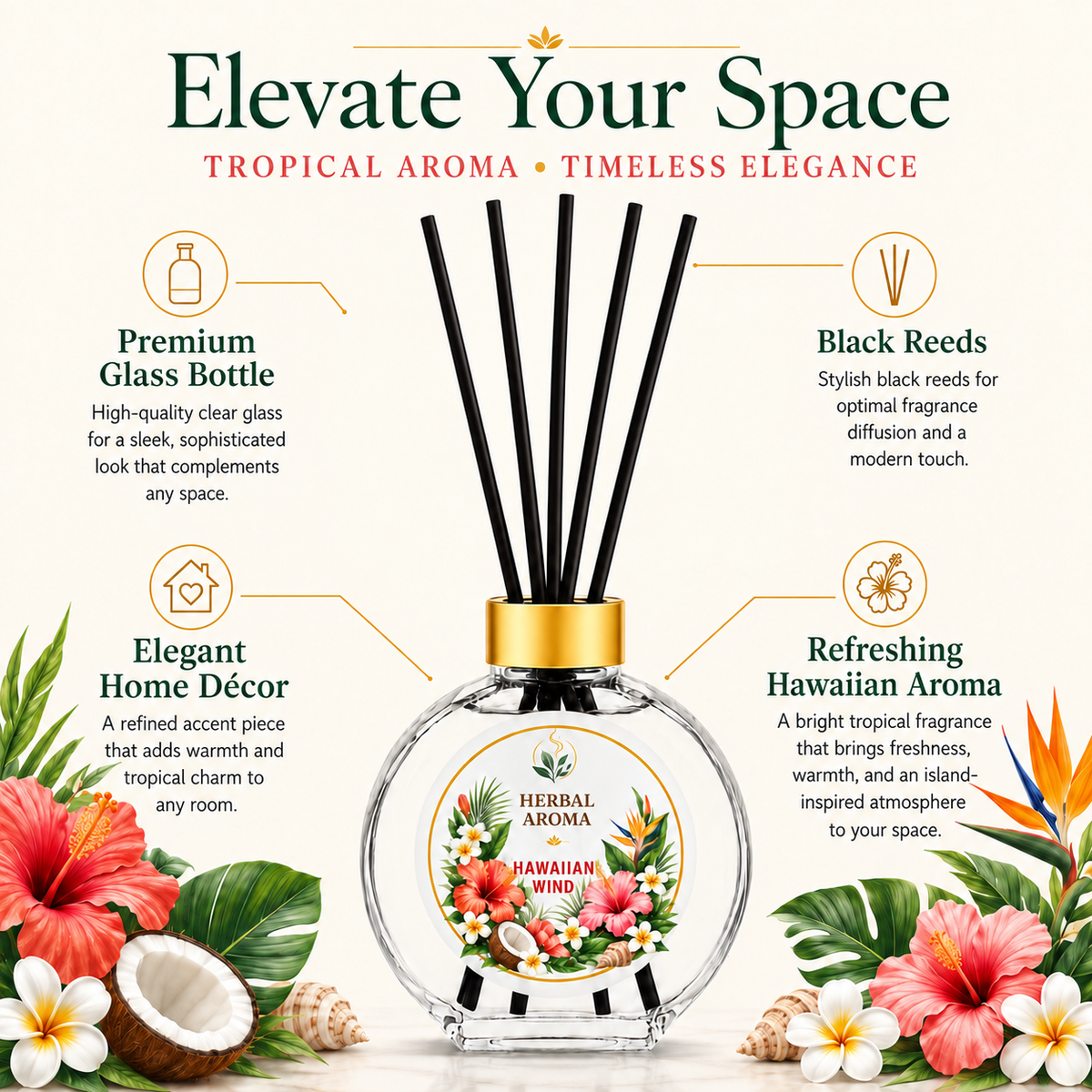 Herbal Aroma Hawaiian Wind Reed Diffuser Set, 3 Pack Home Fragrance Diffusers, 100 mL Each, 300 mL Total, Tropical Home Fragrance for Bedroom & Office