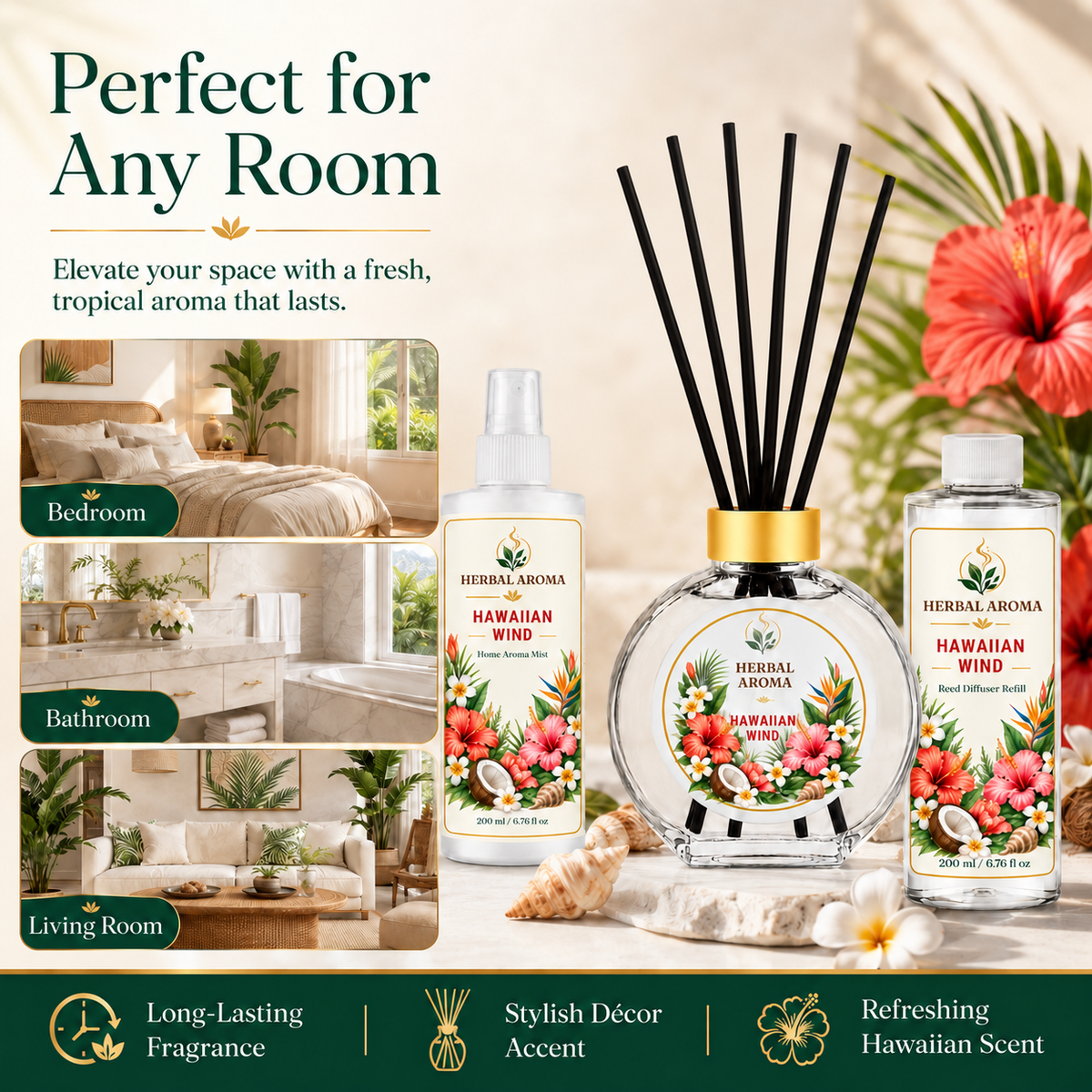 Herbal Aroma Hawaiian Wind Reed Diffuser Set, 3 Pack Home Fragrance Diffusers, 100 mL Each, 300 mL Total, Tropical Home Fragrance for Bedroom & Office