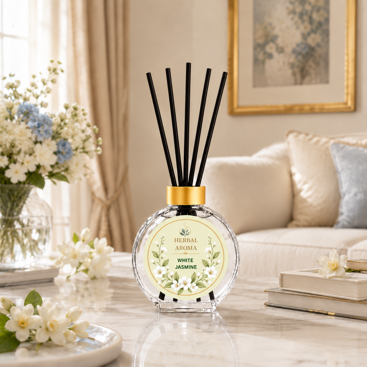 Herbal Aroma White Jasmine Reed Diffuser Refill Set, 3 Pack, 200 mL Each, 600 mL Total, Includes Black Reeds, Home Fragrance Refill